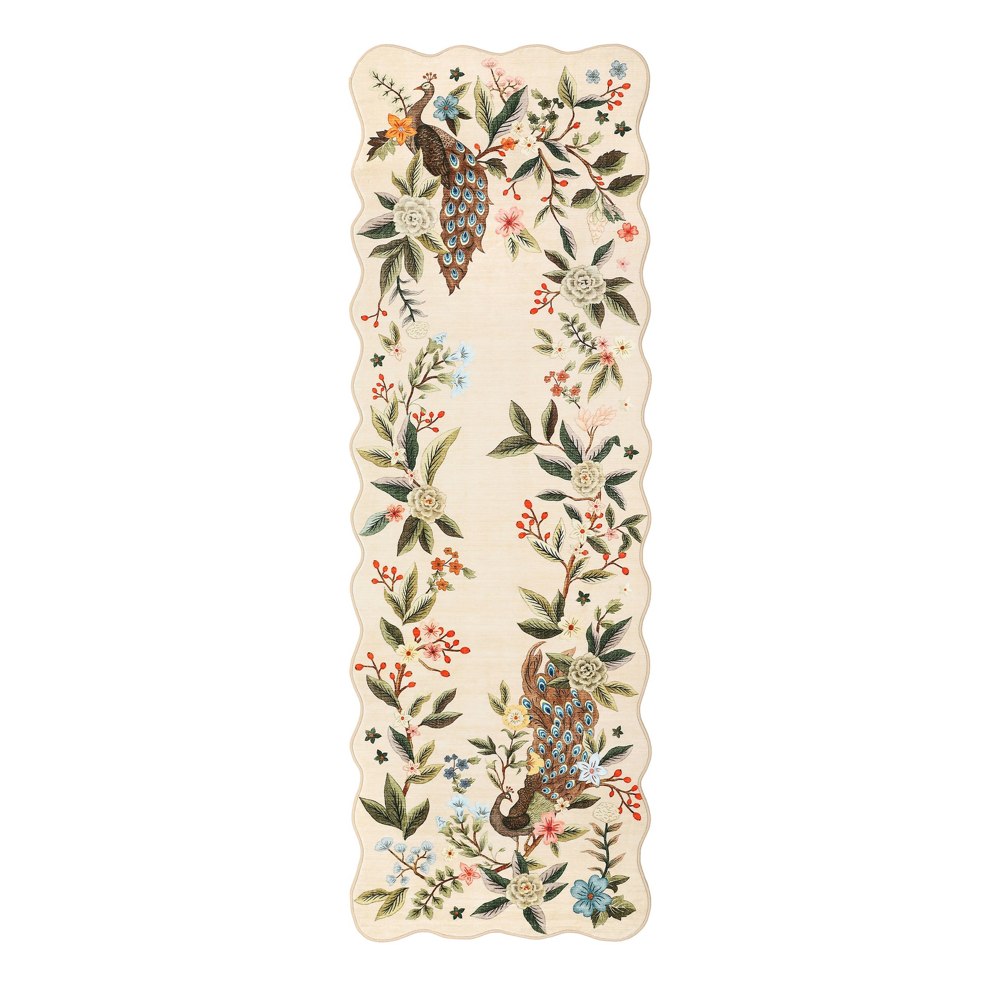 Garvee Scalloped 2x6 Kitchen Rugs Washable Floral Peacock Non Slip Hallway Runners Soft Low Pile Ultra Thin Beige