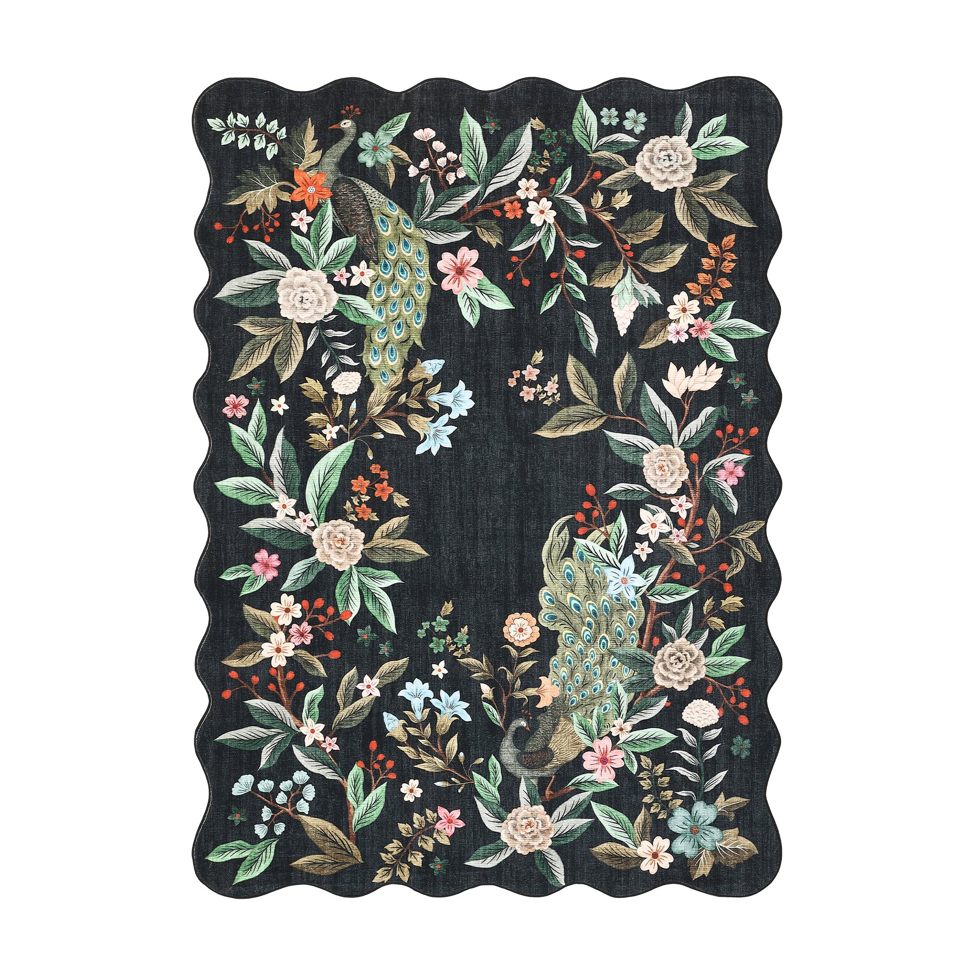 Garvee Scalloped Washable 8x10 Area Rug Floral Peacock Rugs for Living Room Bedroom Soft Non Slip Large Under Table Carpet Black