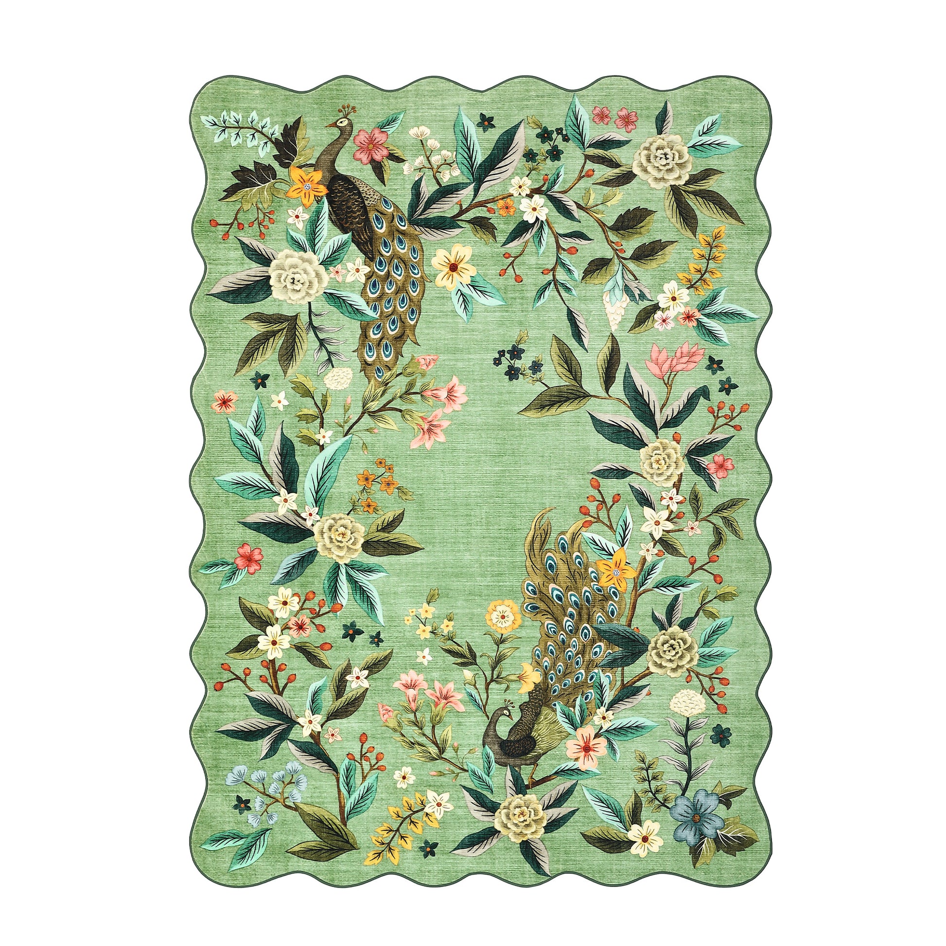 Garvee Scalloped Green 4x6 Area Rug Floral Peacock Design Non Slip Washable Botanical Home Decor