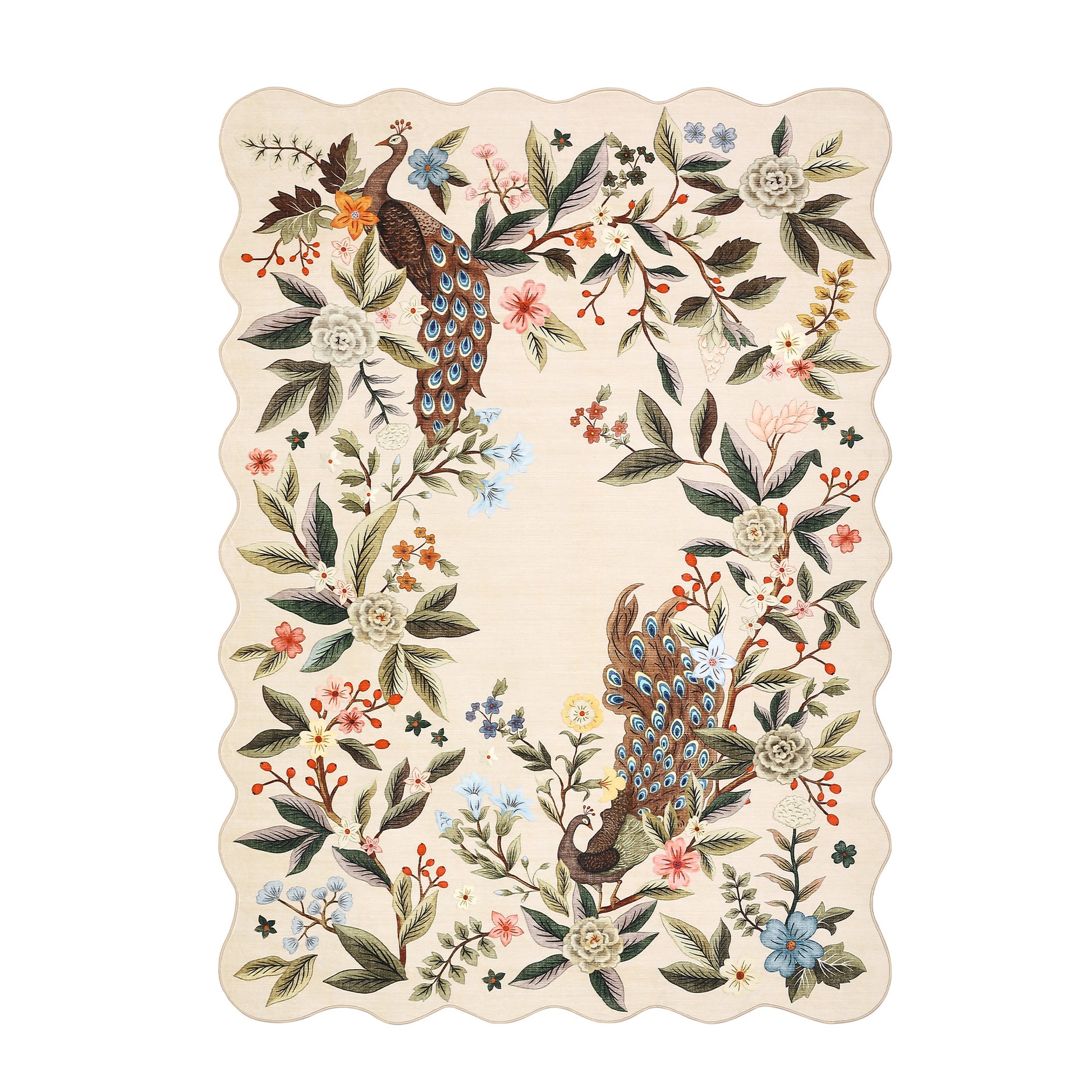 Garvee Scalloped Floral Peacock 4x6 Rug, Washable Large Non Slip Nursery Rugs, Indoor Farmhouse Low Pile Area Rug, Beige