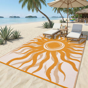 Garvee Outdoor Rug 9x12 Waterproof Patio Rug with Boho Sun Pattern, Reversible, UV-Resistant, Plastic Straw, Lightweight & Portable, Ideal for Deck & Camping