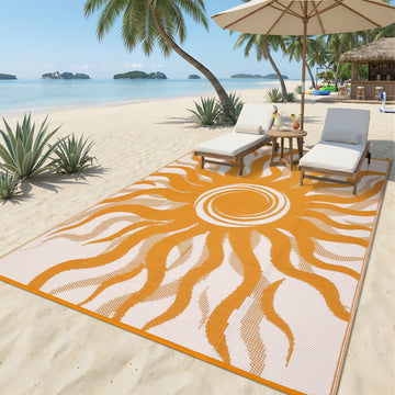 Garvee Outdoor Rug 9x12 Waterproof Patio Rug with Boho Sun Pattern, Reversible, UV-Resistant, Plastic Straw, Lightweight & Portable, Ideal for Deck & Camping