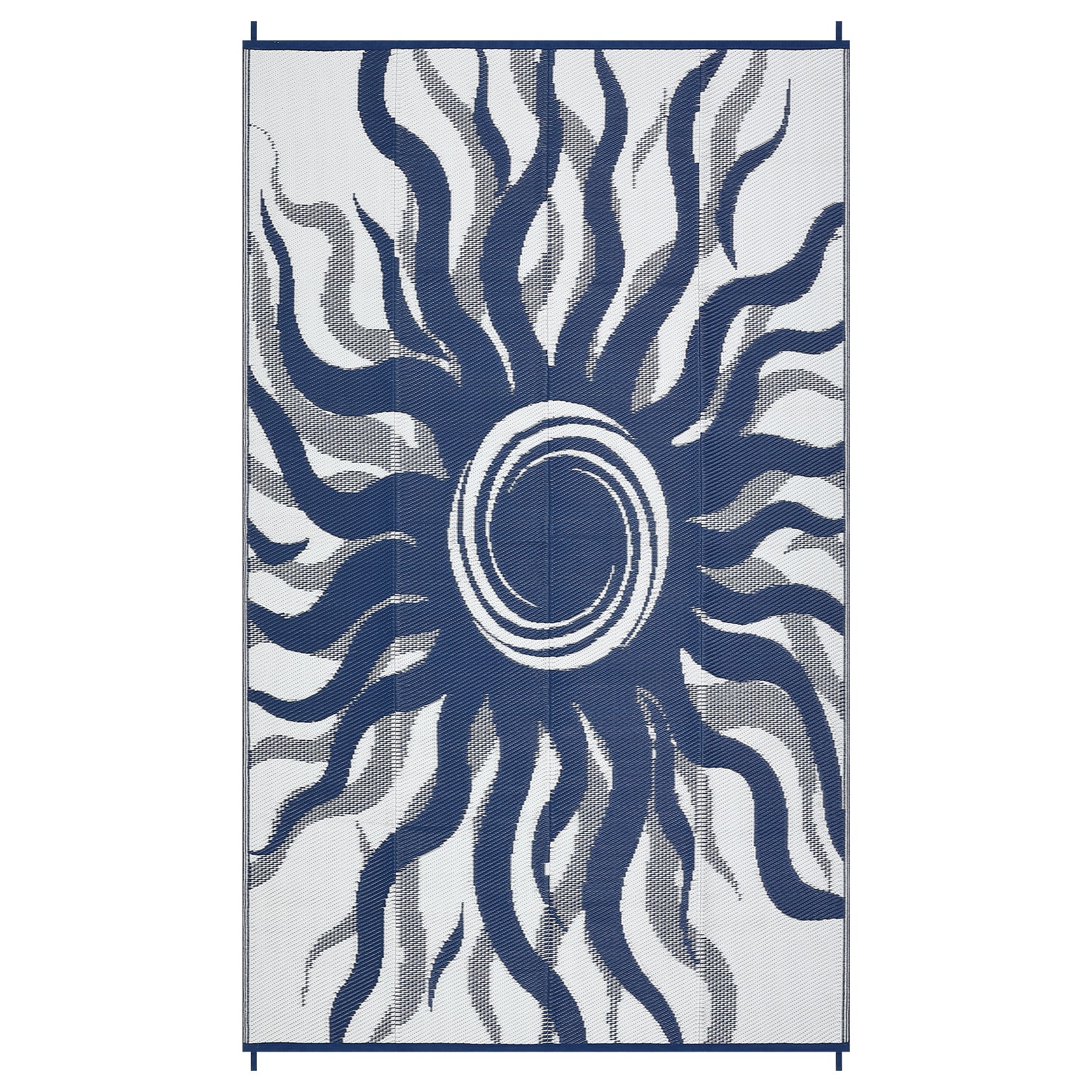 Garvee Outdoor Rug 8x10 Waterproof Patio Rug with Boho Sun Pattern, Reversible, UV-Resistant, Plastic Straw, Lightweight & Portable, Navy Blue, Ideal for Deck & Picnic
