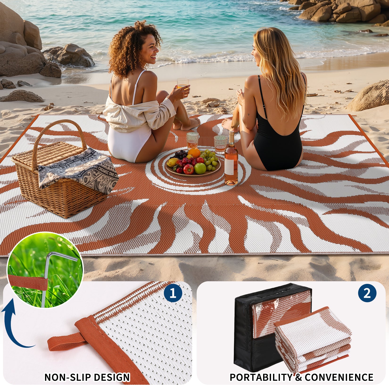 Garvee Outdoor Rug 9x12 Waterproof Patio Rug with Boho Sun Pattern, Reversible, UV-Resistant, Plastic Straw, Lightweight & Portable, Ideal for Deck and Camping