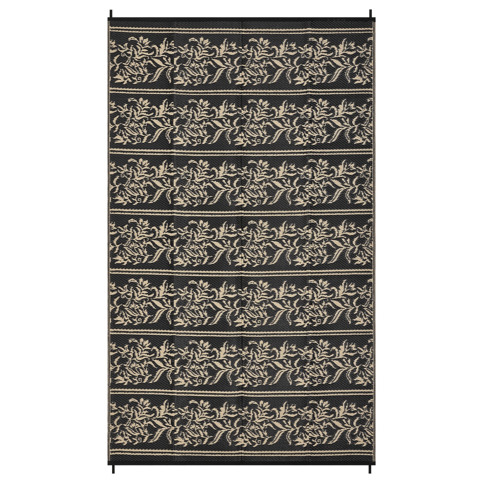 Garvee Waterproof Reversible Outdoor Rug - Boho Leaf Design - Large, UV & Mark Resistant, Collapsible Plastic Area Mat with 4 Stakes & Storage Bag for Camping, RV, Deck, Balcony, Backyard,9x12ft, Black Coffee
