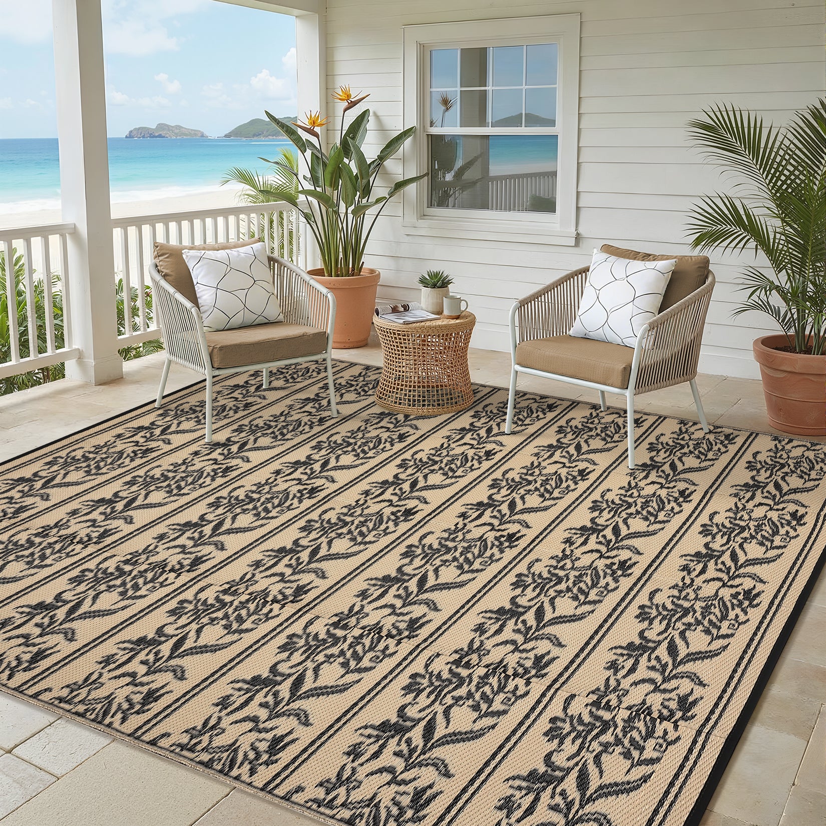 Garvee Waterproof Reversible Outdoor Rug - Boho Leaf Design - Large, UV & Mark Resistant, Collapsible Plastic Area Mat with 4 Stakes & Storage Bag for Camping, RV, Deck, Balcony, Backyard,9x12ft, Black Coffee
