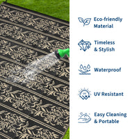 Garvee Waterproof Reversible Outdoor Rug - Boho Leaf Design - Large, UV & Mark Resistant, Collapsible Plastic Area Mat with 4 Stakes & Storage Bag for Camping, RV, Deck, Balcony, Backyard,9x12ft, Black Coffee