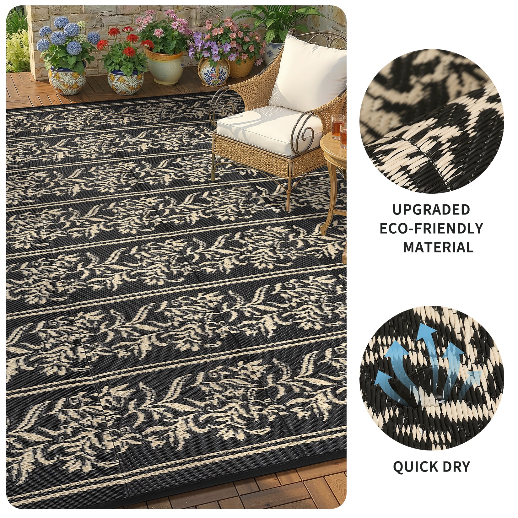 Garvee Waterproof Reversible Outdoor Rug - Boho Leaf Design - Large, UV & Mark Resistant, Collapsible Plastic Area Mat with 4 Stakes & Storage Bag for Camping, RV, Deck, Balcony, Backyard,9x12ft, Black Coffee
