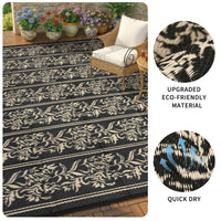 Garvee Waterproof Reversible Outdoor Rug - Boho Leaf Design - Large, UV & Mark Resistant, Collapsible Plastic Area Mat with 4 Stakes & Storage Bag for Camping, RV, Deck, Balcony, Backyard,9x12ft, Black Coffee