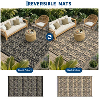 Garvee Waterproof Reversible Outdoor Rug - Boho Leaf Design - Large, UV & Mark Resistant, Collapsible Plastic Area Mat with 4 Stakes & Storage Bag for Camping, RV, Deck, Balcony, Backyard,9x12ft, Black Coffee