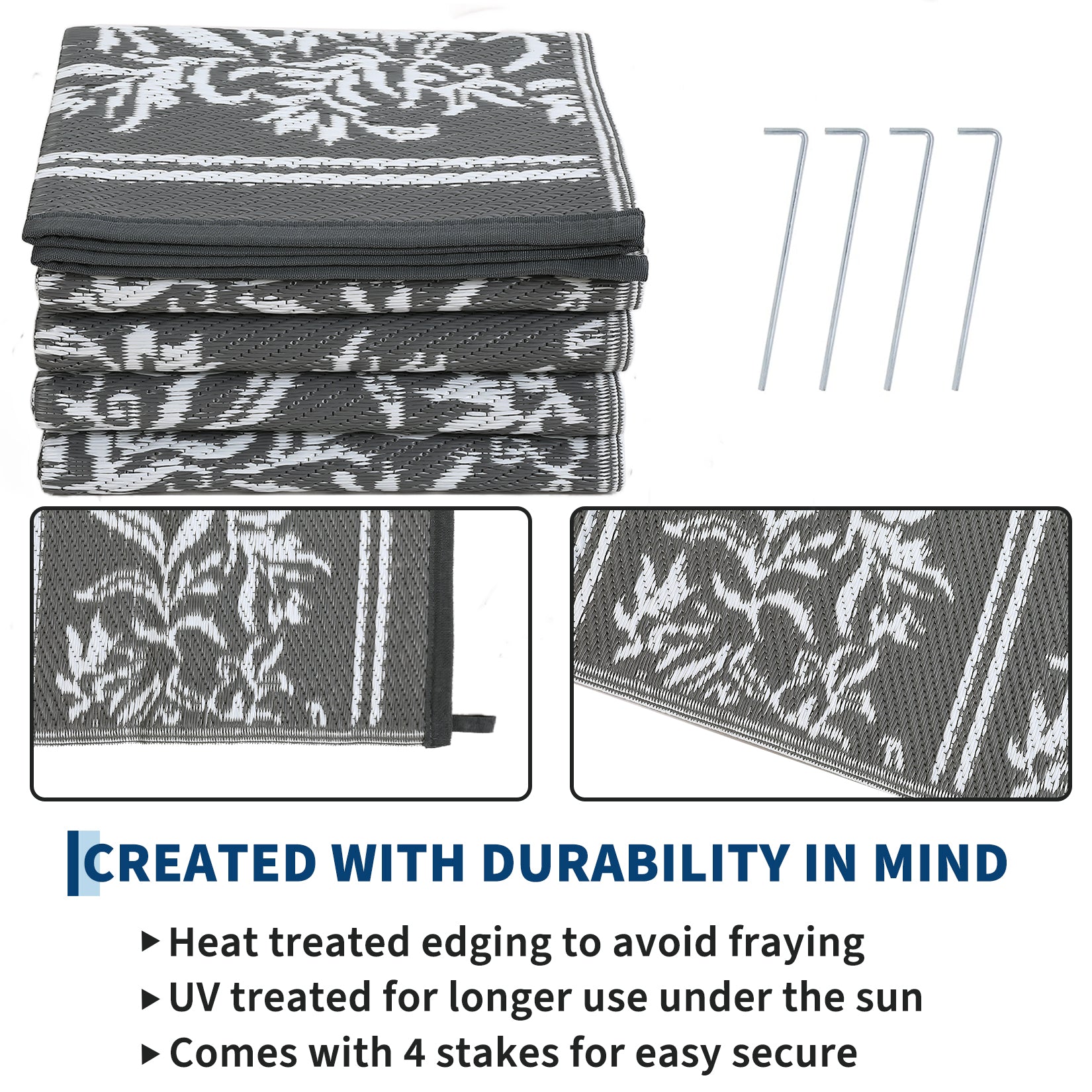 Garvee Waterproof Reversible Outdoor Rug - Boho Leaf Design - Large, UV & Mark Resistant, Collapsible Plastic Patio Carpet with Stakes & Storage Bag for RV, Camping, Deck, Balcony, Backyard ,9x18ft, Grey White