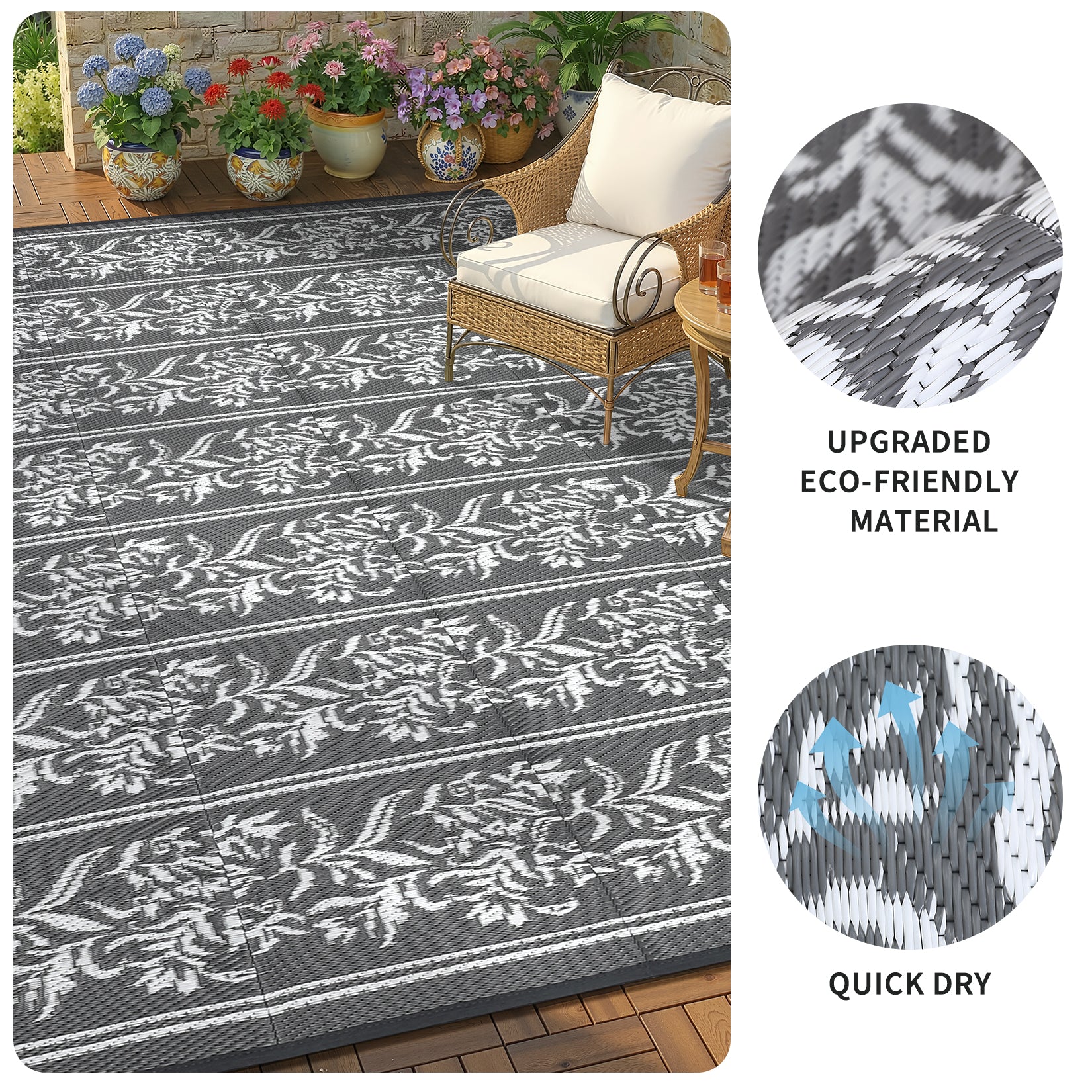 Garvee Waterproof Reversible Outdoor Rug - Boho Leaf Design - Large, UV & Mark Resistant, Collapsible Plastic Patio Carpet with Stakes & Storage Bag for RV, Camping, Deck, Balcony, Backyard ,9x18ft, Grey White