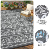 Garvee Waterproof Reversible Outdoor Rug - Boho Leaf Design - Large, UV & Mark Resistant, Collapsible Plastic Patio Carpet with Stakes & Storage Bag for RV, Camping, Deck, Balcony, Backyard ,9x18ft, Grey White