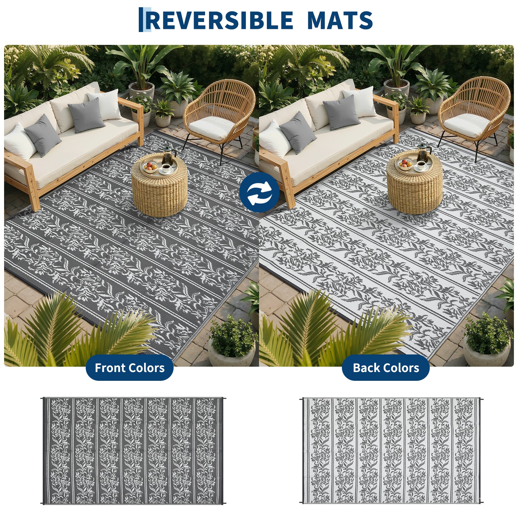 Garvee Waterproof Reversible Outdoor Rug - Boho Leaf Design - Large, UV & Mark Resistant, Collapsible Plastic Patio Carpet with Stakes & Storage Bag for RV, Camping, Deck, Balcony, Backyard ,9x18ft, Grey White