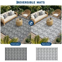 Garvee Waterproof Reversible Outdoor Rug - Boho Leaf Design - Large, UV & Mark Resistant, Collapsible Plastic Patio Carpet with Stakes & Storage Bag for RV, Camping, Deck, Balcony, Backyard ,9x18ft, Grey White