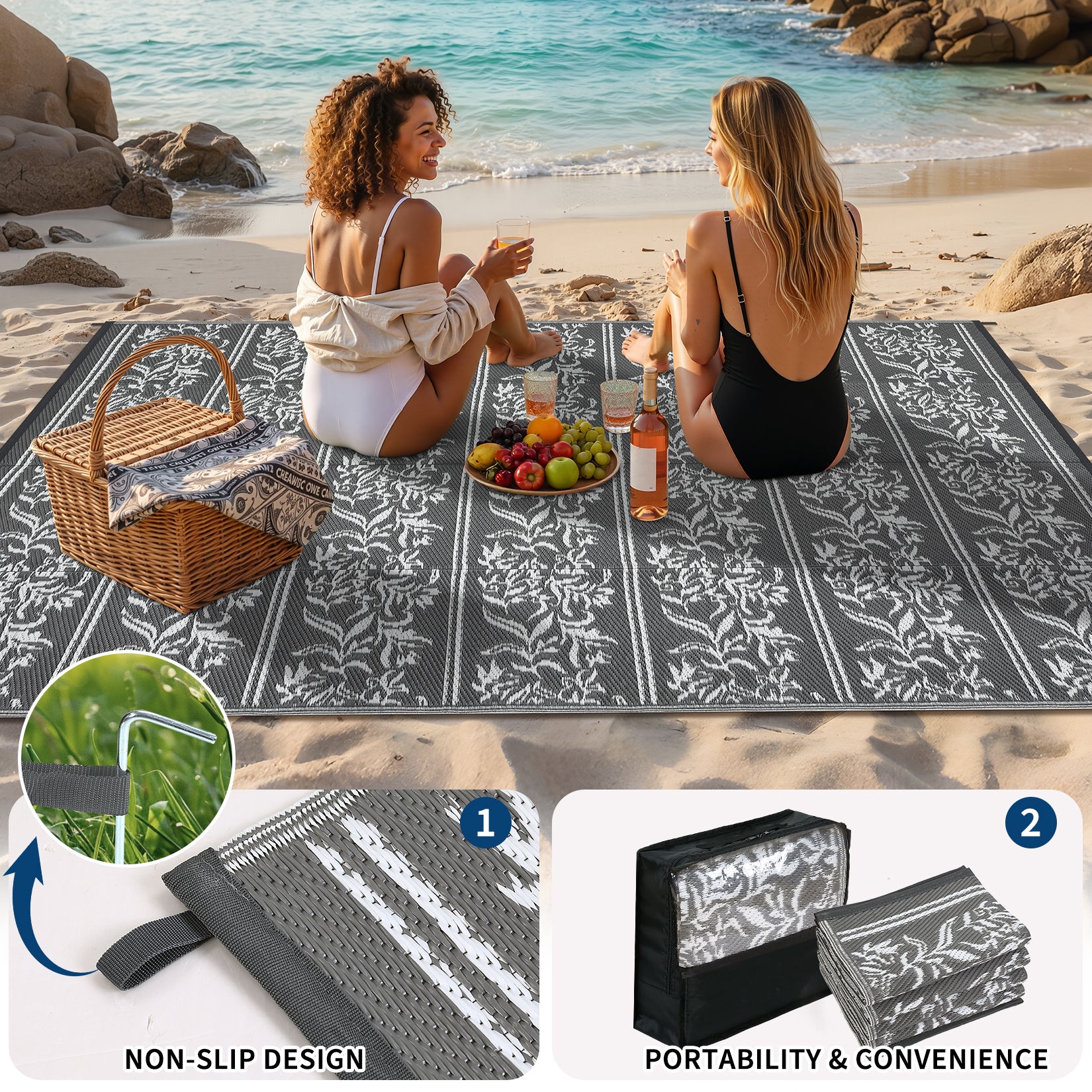 Garvee Waterproof Reversible Outdoor Rug - Boho Leaf Design - Large, UV & Mark Resistant, Collapsible Plastic Patio Carpet with Stakes & Storage Bag for RV, Camping, Deck, Balcony, Backyard ,9x18ft, Grey White