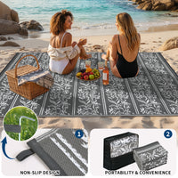 Garvee Waterproof Reversible Outdoor Rug - Boho Leaf Design - Large, UV & Mark Resistant, Collapsible Plastic Patio Carpet with Stakes & Storage Bag for RV, Camping, Deck, Balcony, Backyard ,9x18ft, Grey White