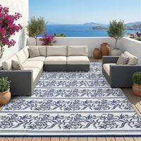 Garvee Waterproof Reversible Outdoor Rug - Boho Leaf Design - Mark & UV Resistant Plastic Mat with 4 Stakes & Storage Bag, Collapsible, Lightweight Patio Carpet for Camping, RV, Picnic, Balcony, Deck -  9x12ft, Navy Blue/White
