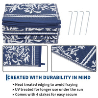 Garvee Waterproof Reversible Outdoor Rug - Boho Leaf Design - Mark & UV Resistant Plastic Mat with 4 Stakes & Storage Bag, Collapsible, Lightweight Patio Carpet for Camping, RV, Picnic, Balcony, Deck -  9x12ft, Navy Blue/White