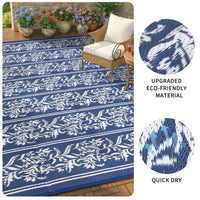 Garvee Waterproof Reversible Outdoor Rug - Boho Leaf Design - Mark & UV Resistant Plastic Mat with 4 Stakes & Storage Bag, Collapsible, Lightweight Patio Carpet for Camping, RV, Picnic, Balcony, Deck -  9x12ft, Navy Blue/White