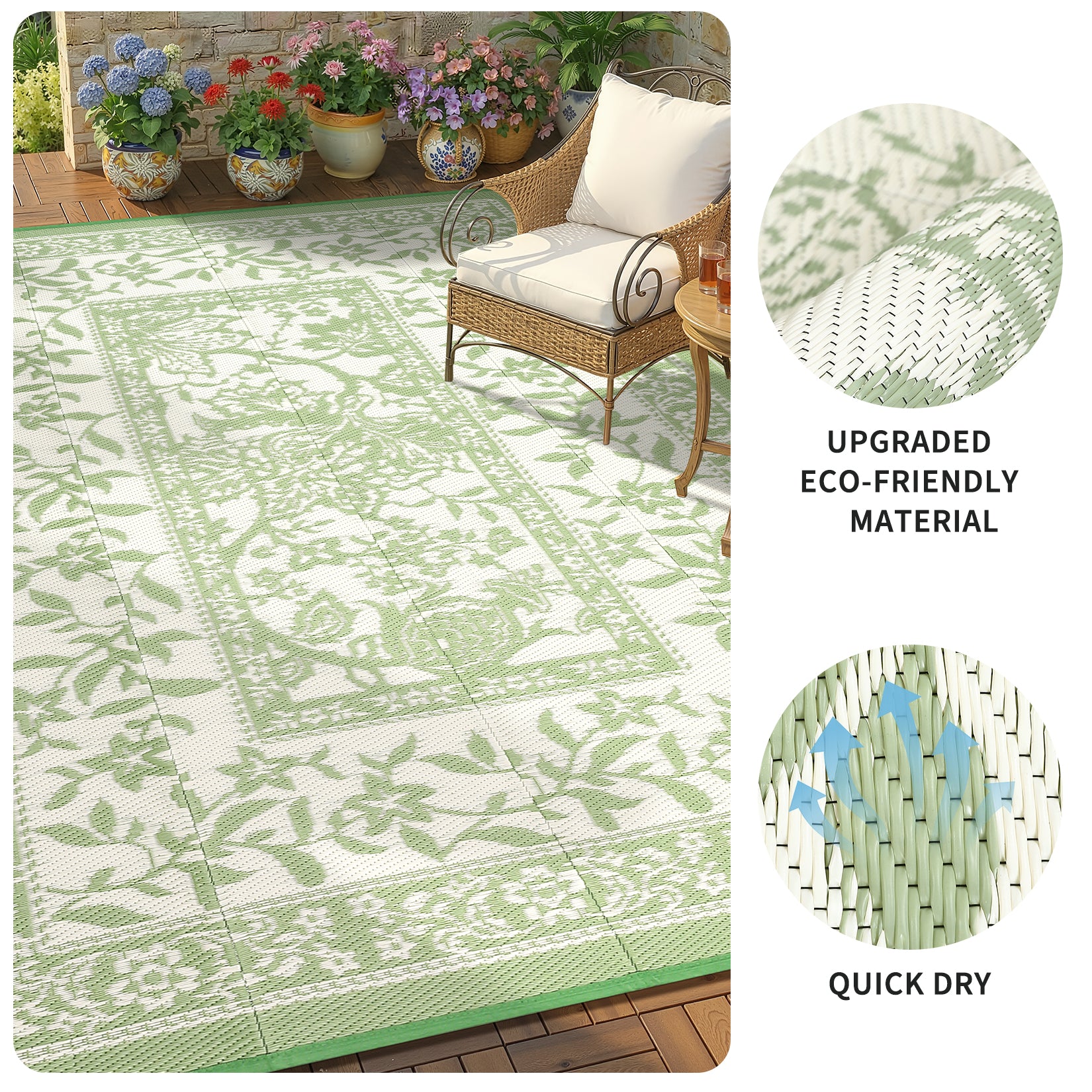 Garvee Reversible Outdoor Area Rug 9x12ft, Gray Green/Ivory White - Waterproof & UV Resistant Plastic Mat, Easy Clean, Portable for Patio, Garden, Camping, RV