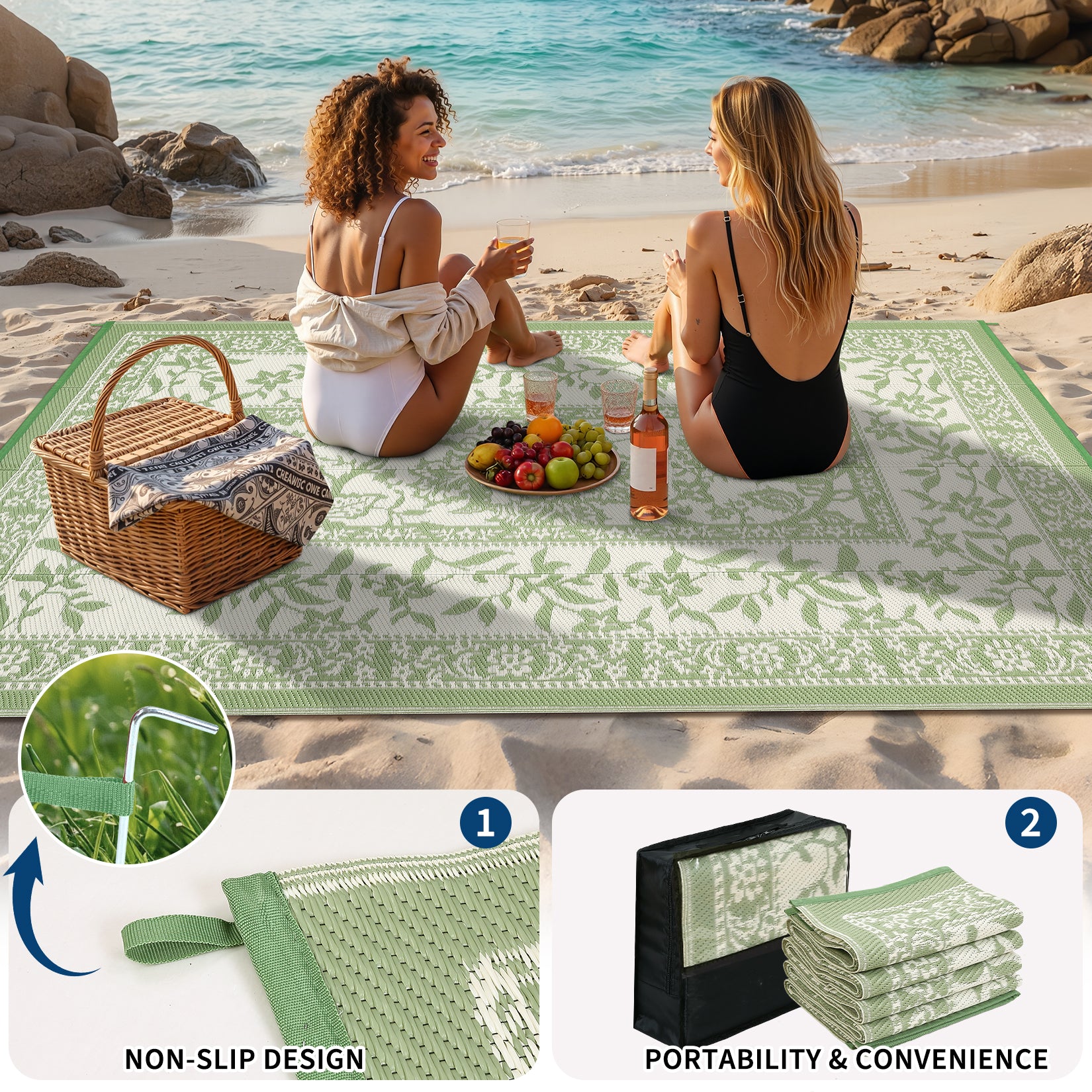 Garvee Reversible Outdoor Area Rug 9x12ft, Gray Green/Ivory White - Waterproof & UV Resistant Plastic Mat, Easy Clean, Portable for Patio, Garden, Camping, RV