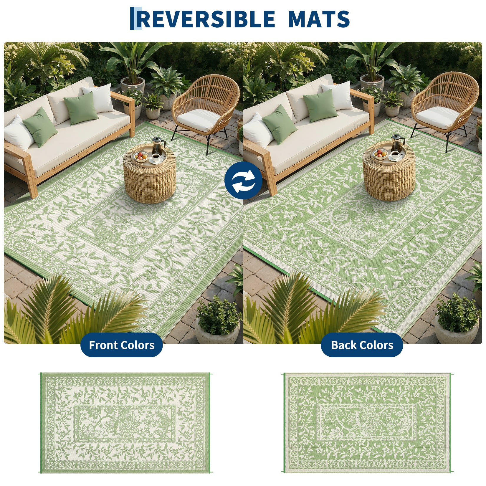 Garvee Reversible Outdoor Area Rug 9x12ft, Gray Green/Ivory White - Waterproof & UV Resistant Plastic Mat, Easy Clean, Portable for Patio, Garden, Camping, RV