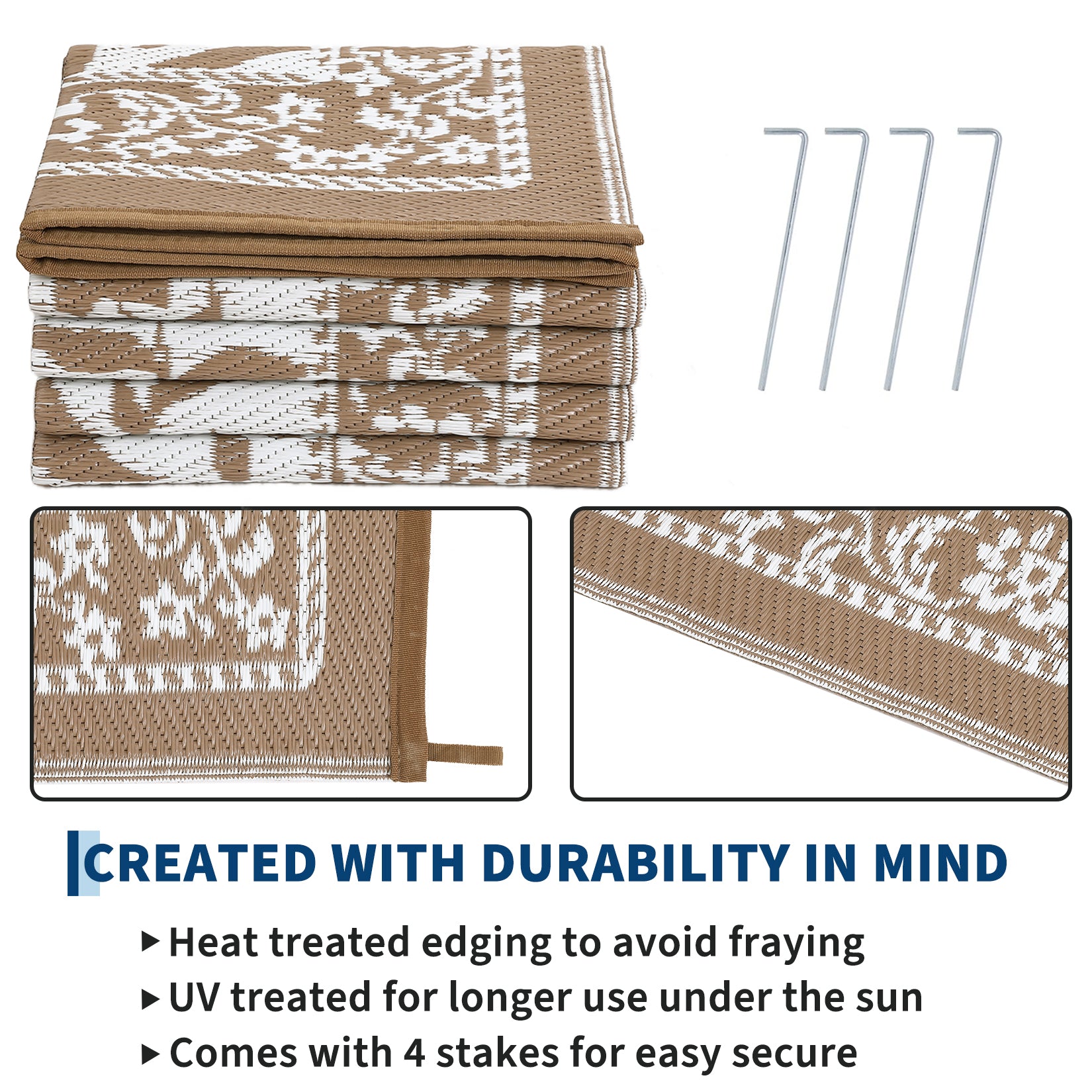 Garvee Reversible Outdoor Rug 8x10ft, Brown/White - Waterproof UV-Resistant Plastic Mat, Easy Clean, Low Pile Portable Carpet for Patio, Garden, Camping