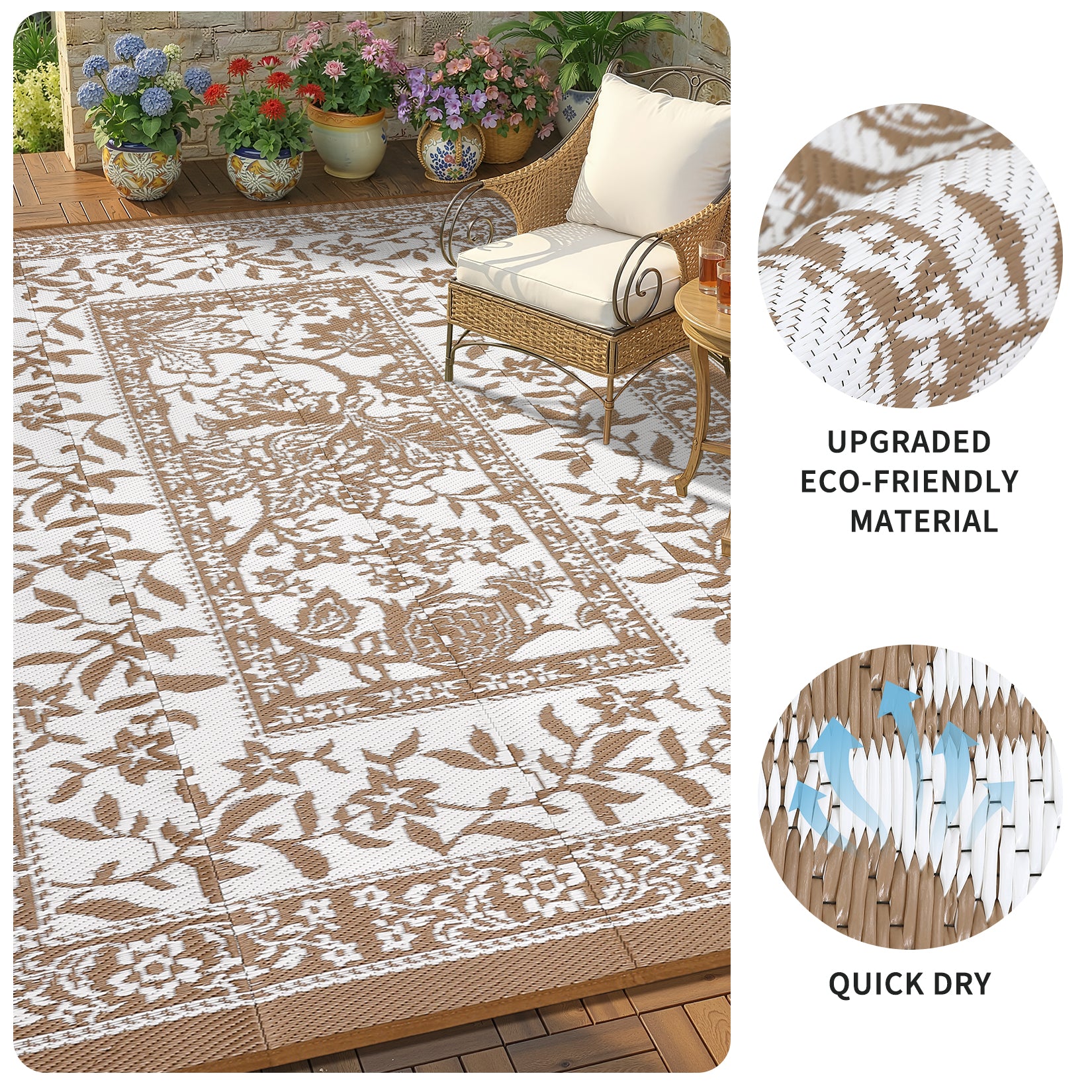 Garvee Reversible Outdoor Rug 8x10ft, Brown/White - Waterproof UV-Resistant Plastic Mat, Easy Clean, Low Pile Portable Carpet for Patio, Garden, Camping