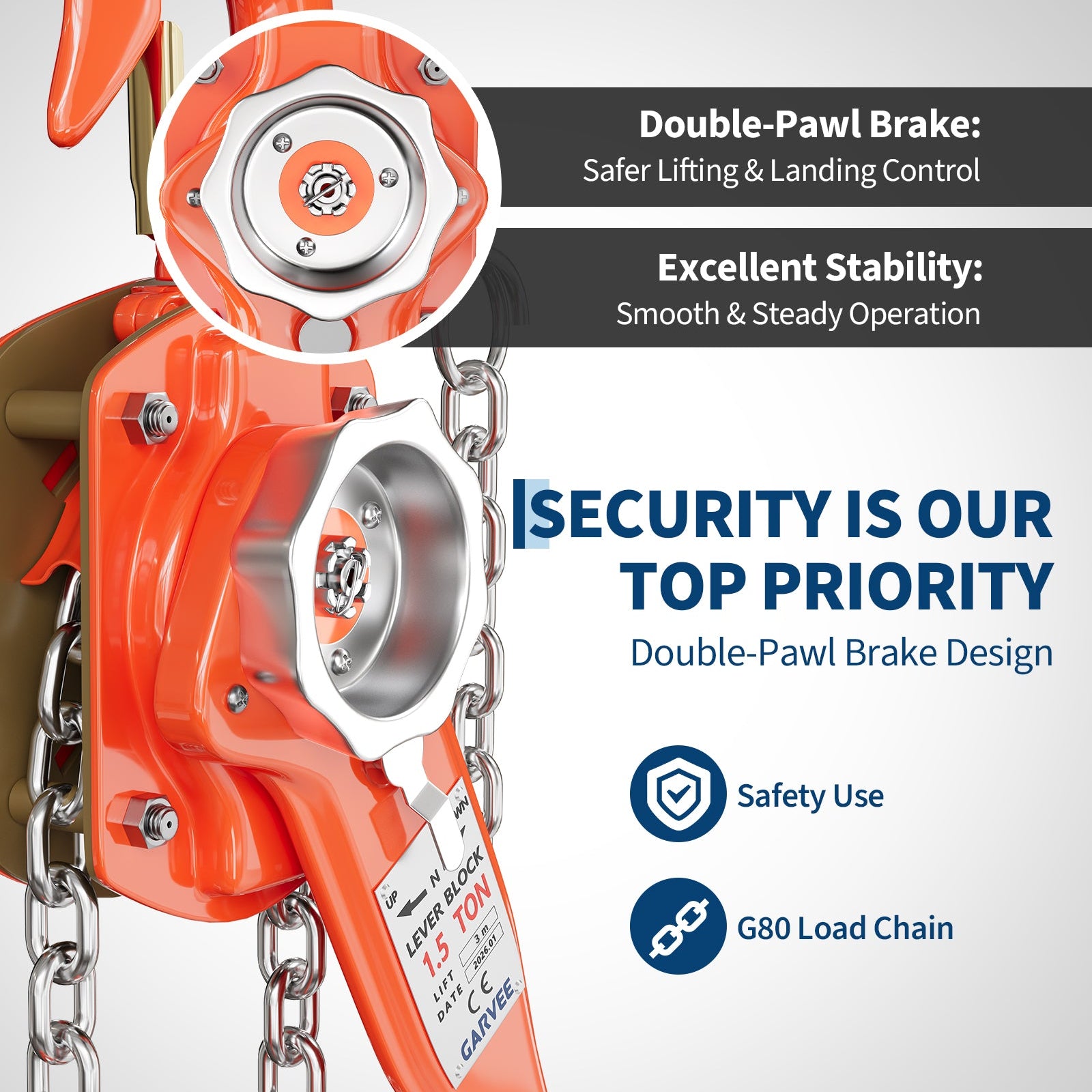 Garvee Manual Lever Chain Hoist – 1.5 Ton (3300 lbs) Capacity, 10 ft Lift – G80 Galvanized Steel Chain, Weston Double Pawl Safety Brake, 360° Swivel Hooks, Portable Heavy Duty Lifting Hook for Garage, Factory, Dock, Warehouse