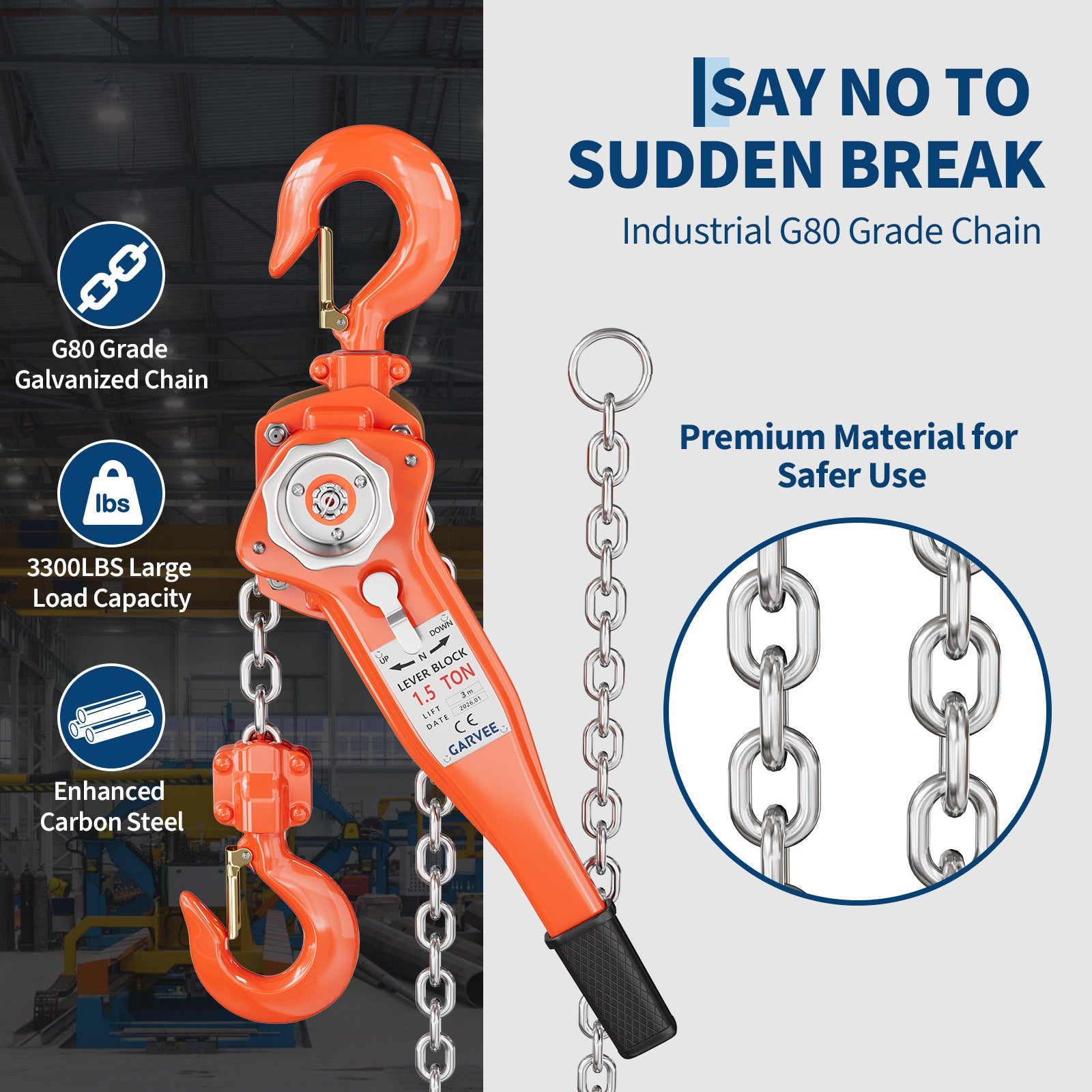 Garvee Manual Lever Chain Hoist – 1.5 Ton (3300 lbs) Capacity, 10 ft Lift – G80 Galvanized Steel Chain, Weston Double Pawl Safety Brake, 360° Swivel Hooks, Portable Heavy Duty Lifting Hook for Garage, Factory, Dock, Warehouse
