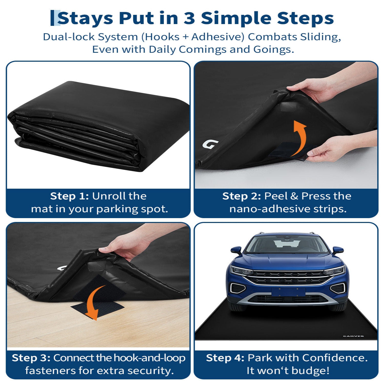 Garvee 7.9' × 18' Garage Floor Mat, Waterproof Containment Mat with 1.2" Raised Edge, Heavy-Duty 1000D PVC Non-Slip Car Mat for Snow, Rain & Mud, Includes Squeegee & Fasteners, Black