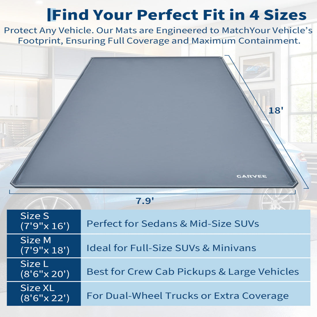 Garvee 7.9' × 18' Garage Floor Mat Waterproof Containment Mat with 1.2" Raised Edge, Heavy Duty 1000D PVC Non-Slip Under Car Mat for Snow Rain Mud, Includes Squeegee & 8 Hook-and-Loop Fasteners, Gray