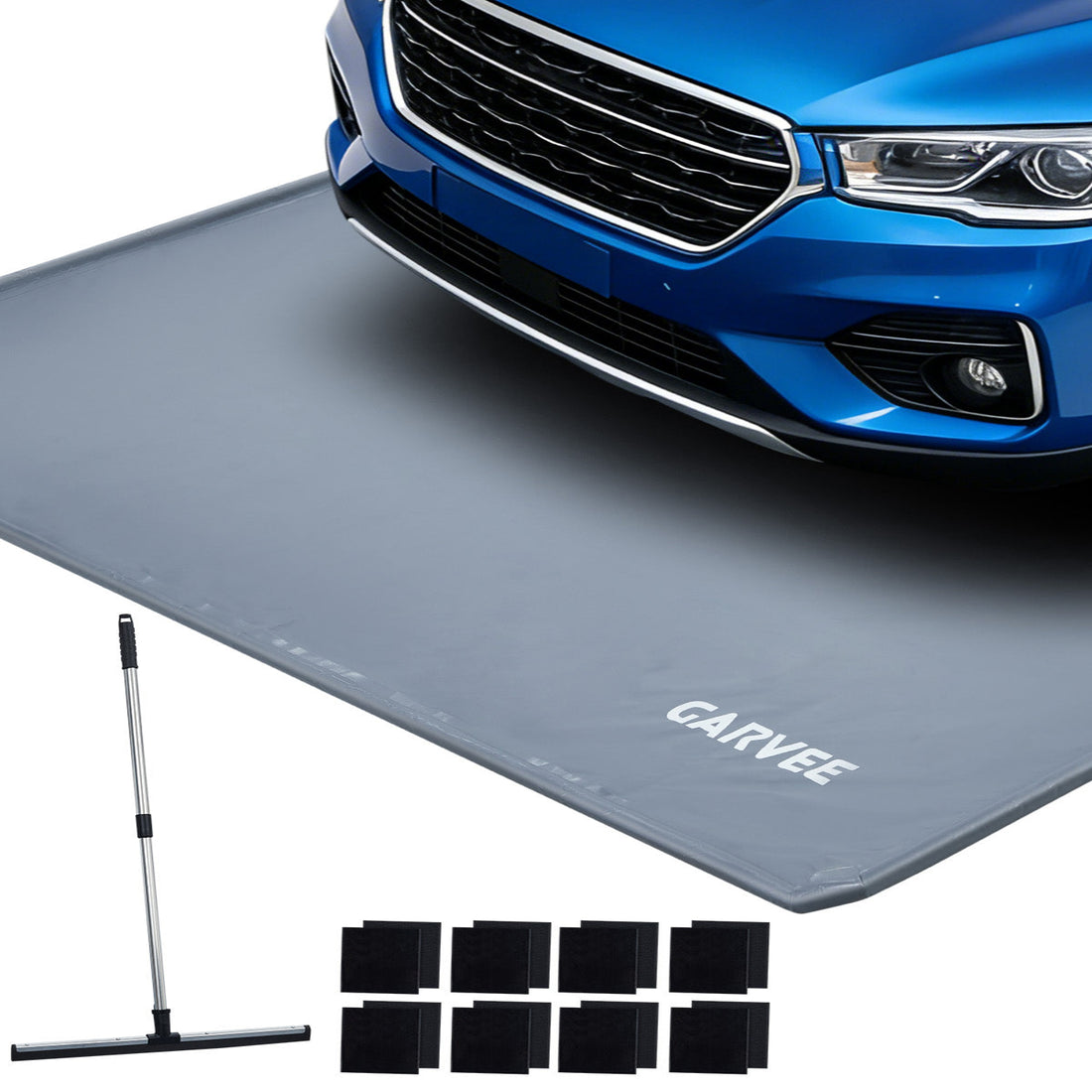 Garvee 7.9' × 16' Garage Floor Mat Waterproof Containment Mat with 1.2" Raised Edge, Heavy Duty 1000D PVC Non-Slip Under Car Mat for Snow Rain Mud, Includes Squeegee & 8 Hook-and-Loop Fasteners, Gray