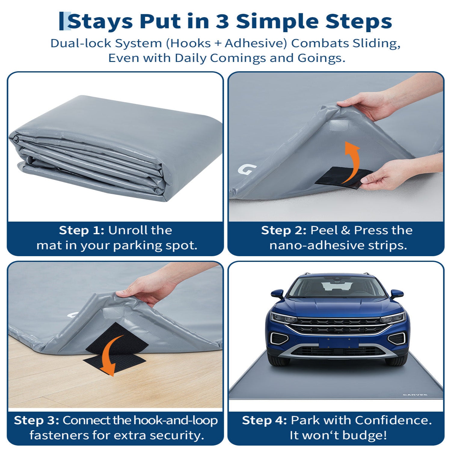 Garvee 7.9' × 16' Garage Floor Mat Waterproof Containment Mat with 1.2" Raised Edge, Heavy Duty 1000D PVC Non-Slip Under Car Mat for Snow Rain Mud, Includes Squeegee & 8 Hook-and-Loop Fasteners, Gray