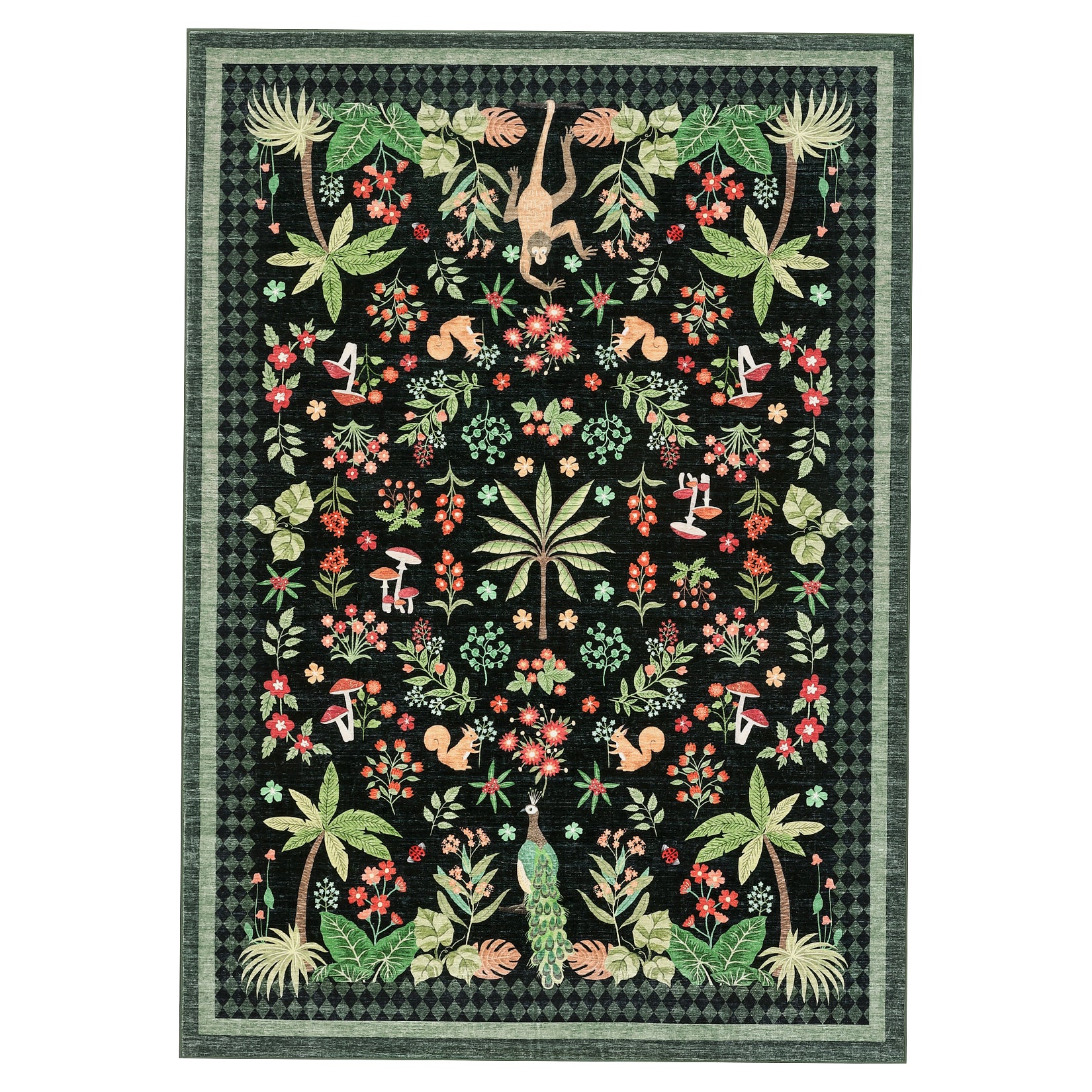 Garvee Jungle Animal Rug 10x13 Washable Non Slip Low Pile Botanical Area Rug Black for Living Room Nursery Playroom