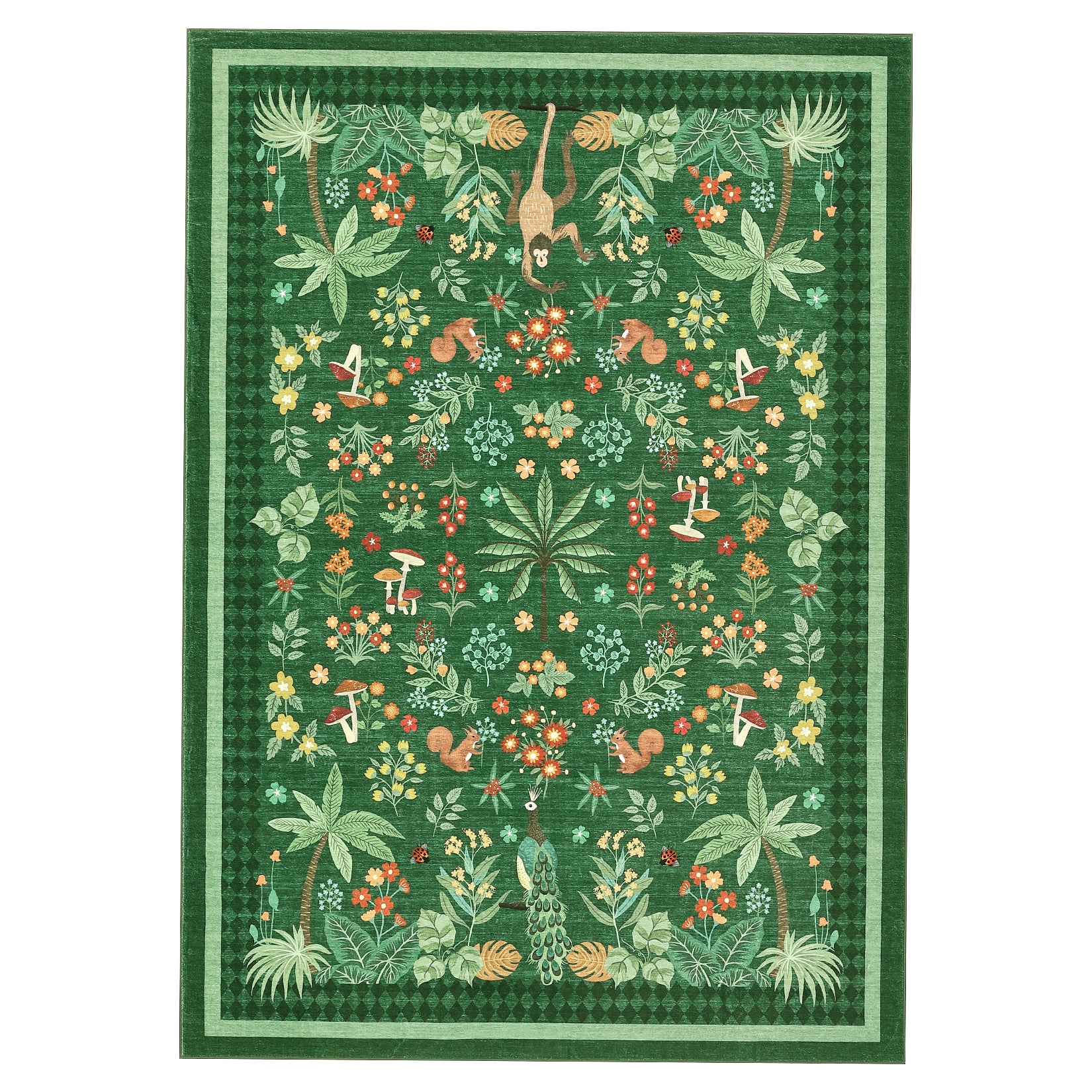 Garvee Jungle Green Rug Washable 10x13 Tropical Non Slip Low Pile Soft Botanical Animal Print Floor Rug for Bedroom Nursery Playroom Dining Room