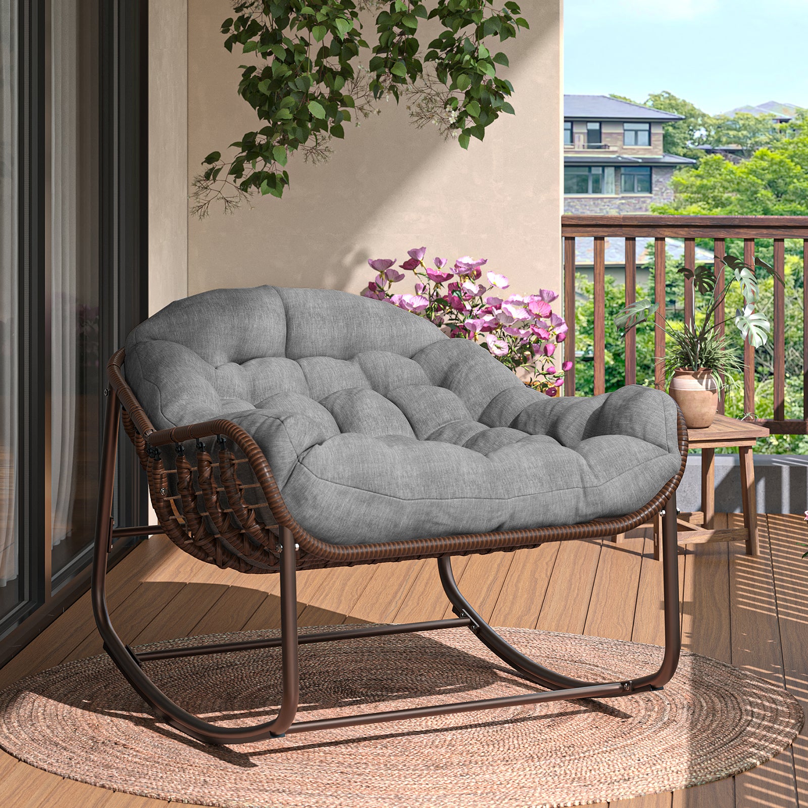 Garvee Oversized Papasan Rocking Chair, Comfy Outdoor Wicker Lounge Chair with Cushion and Metal Frame, Patio Rattan Egg Chair  for Balcony, Garden, Bedroom, Porch, Lawn, Gray
