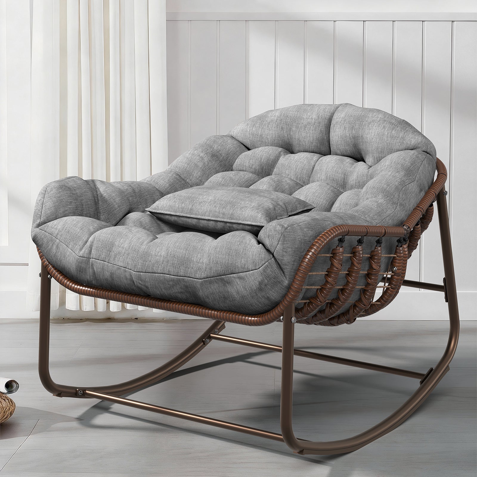 Garvee Oversized Papasan Rocking Chair, Comfy Outdoor Wicker Lounge Chair with Cushion and Metal Frame, Patio Rattan Egg Chair  for Balcony, Garden, Bedroom, Porch, Lawn, Gray
