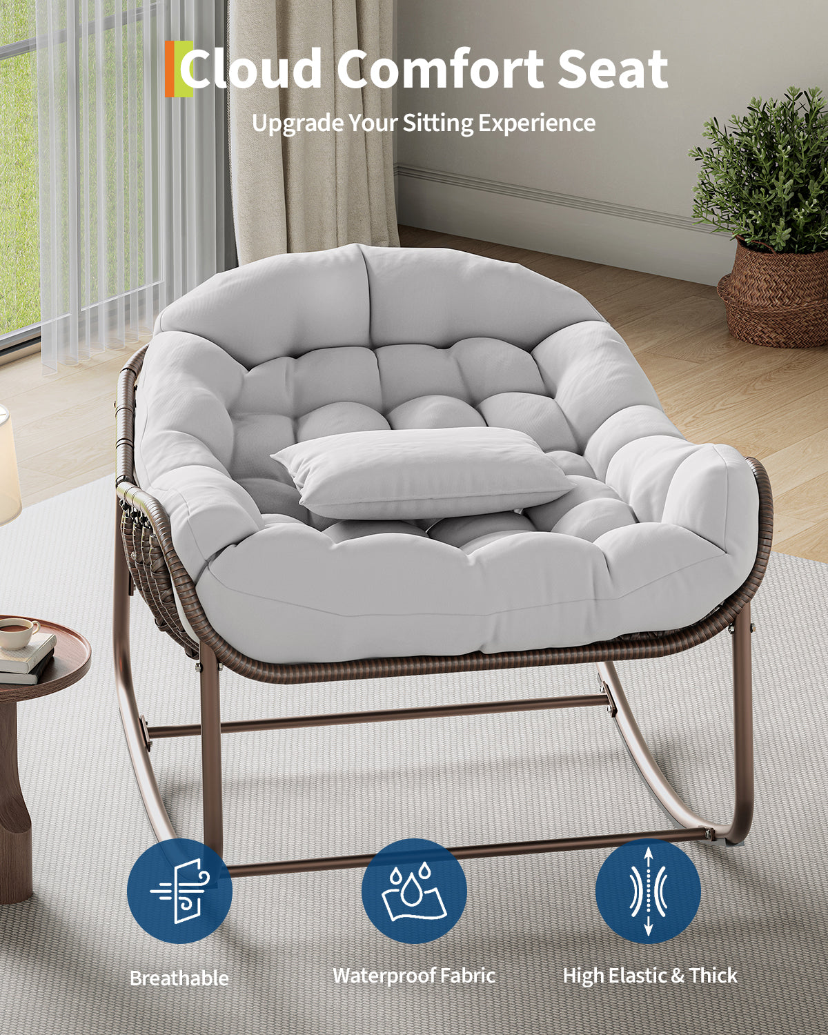 Garvee Oversized Papasan Rocking Chair Wicker Lounge with Cushion, Weather-Resistant Metal Frame Ergonomic Sway Reinforced Steel Frame for Indoor, Outdoor Balcony, Backyard, White