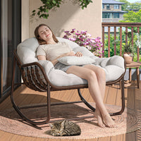 Garvee Oversized Papasan Rocking Chair Wicker Lounge with Cushion, Weather-Resistant Metal Frame Ergonomic Sway Reinforced Steel Frame for Indoor, Outdoor Balcony, Backyard, White