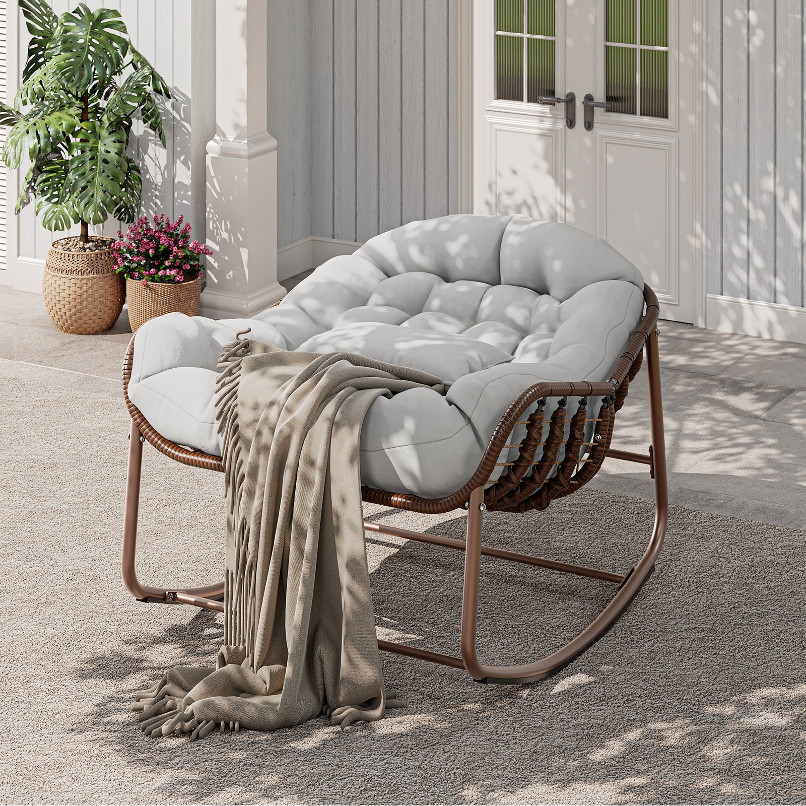 Garvee Oversized Papasan Rocking Chair Wicker Lounge with Cushion, Weather-Resistant Metal Frame Ergonomic Sway Reinforced Steel Frame for Indoor, Outdoor Balcony, Backyard, White
