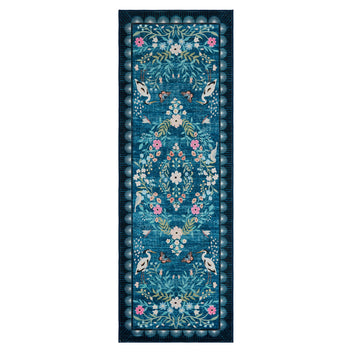 Garvee 2x6 Teal Floral Bird Runner Rug, Washable Non-Slip Low Pile Vintage Rug for Kitchen & Hallway