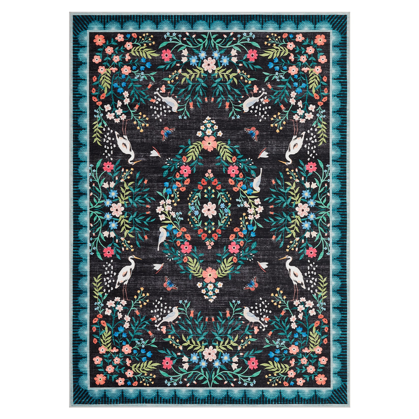 Garvee Floral 5x7 Area Rugs Non Slip Washable Vintage Floor Rug for Living Room Bedroom, Large Low Pile Black