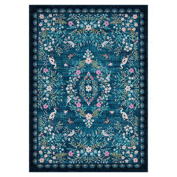 Garvee Vintage Floral Living Room Rugs 10x13, Soft Non Slip Area Rug for Bedroom, Botanical Low Pile Large Dining Room Rugs Stain Resistant Ultra Thin Home Decor Rug for Office Apartment, Teal Blue