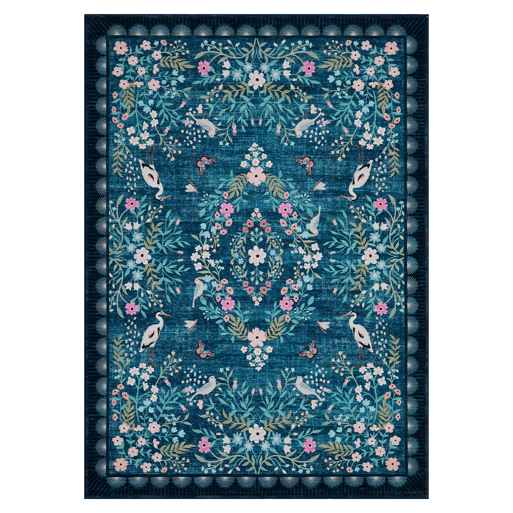 Garvee Vintage Floral Living Room Rugs 10x13, Soft Non Slip Area Rug for Bedroom, Botanical Low Pile Large Dining Room Rugs Stain Resistant Ultra Thin Home Decor Rug for Office Apartment, Teal Blue
