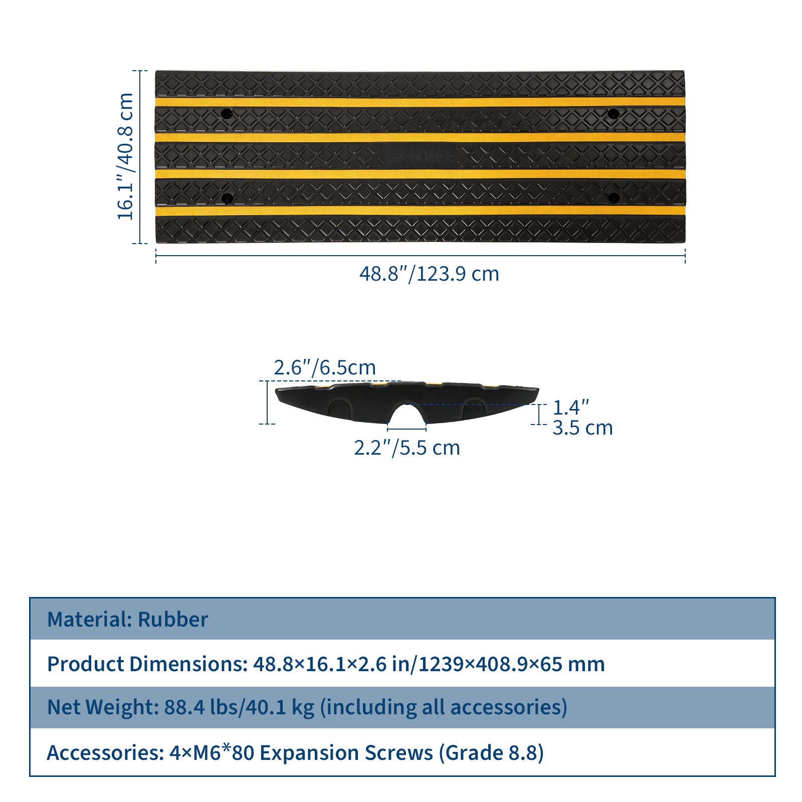 Garvee Heavy Duty Low Profile Rubber Curb Ramp for Driveway, Garage – 33,000 lbs Capacity, 2.6" Rise – Safe Entry for Cars, Trucks, RVs, Wheelchairs – Reflective Strips, 48" Length – Specs: 1.2m 4-layer membrane, 1 piece, New model