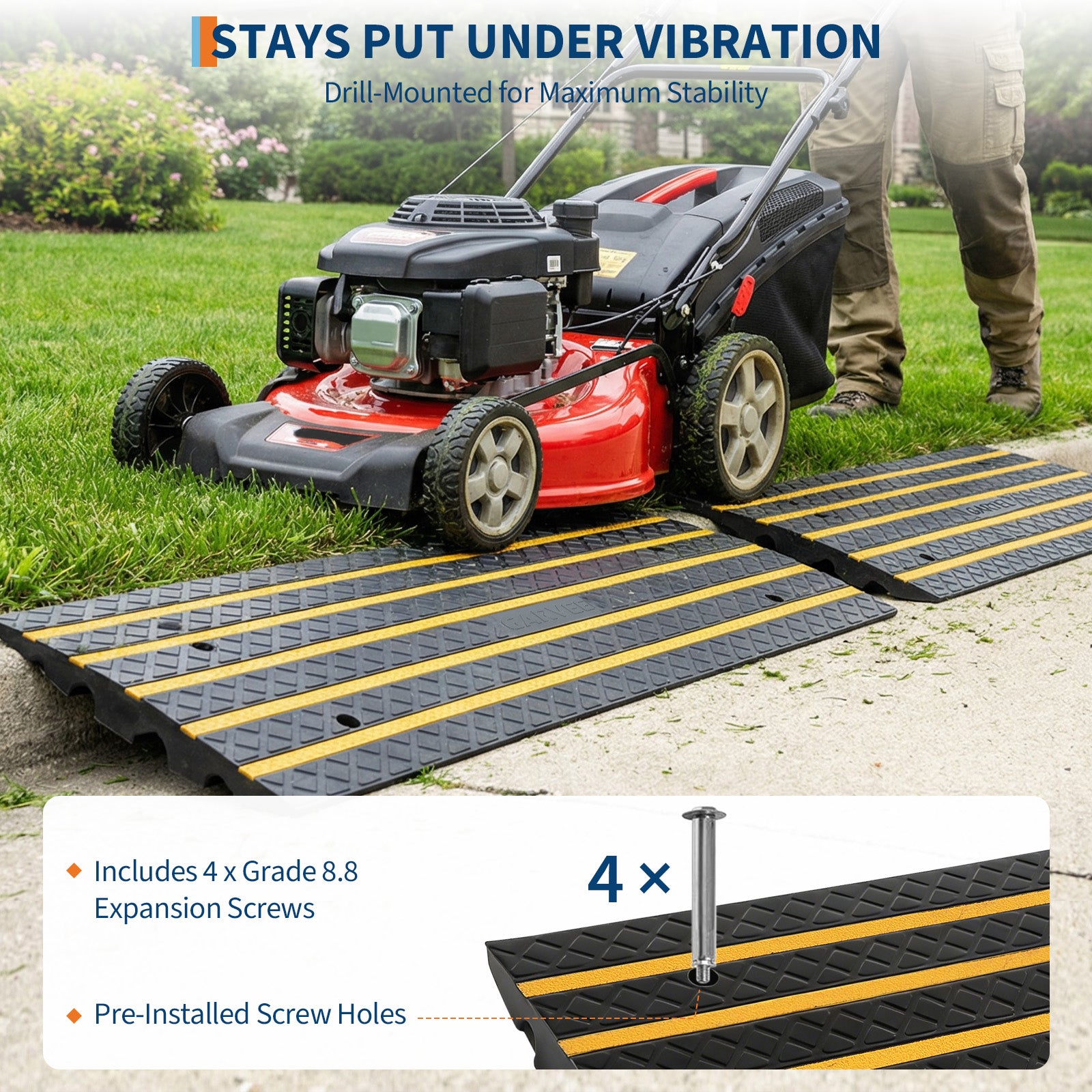 Garvee Heavy Duty Low Profile Rubber Curb Ramp for Driveway, Garage – 33,000 lbs Capacity, 2.6" Rise – Safe Entry for Cars, Trucks, RVs, Wheelchairs – Reflective Strips, 48" Length – Specs: 1.2m 4-layer membrane, 1 piece, New model