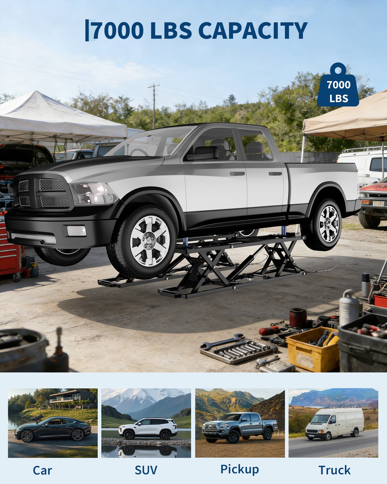 Garvee 7000 LBS Heavy Duty Hydraulic Car Lift, Portable Scissor Lift with Q235B Carbon Steel Frame, 26.8" Max Height Collapsible Auto Lift with Extension Plates for Home Garage, SUVs, Light Trucks