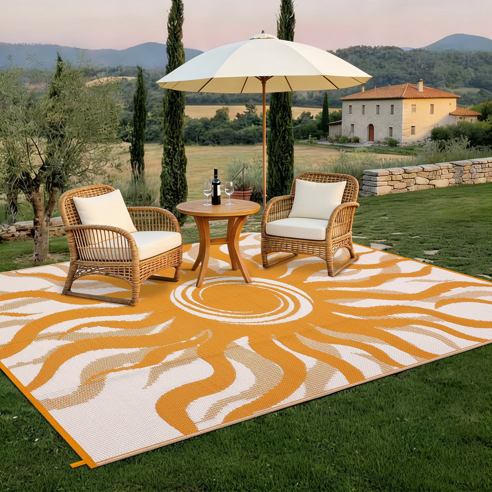 Garvee Outdoor Rug 8x10 Waterproof Boho Sun Pattern Reversible Plastic Straw UV-Resistant Lightweight Patio Mat for Deck Picnic Beach